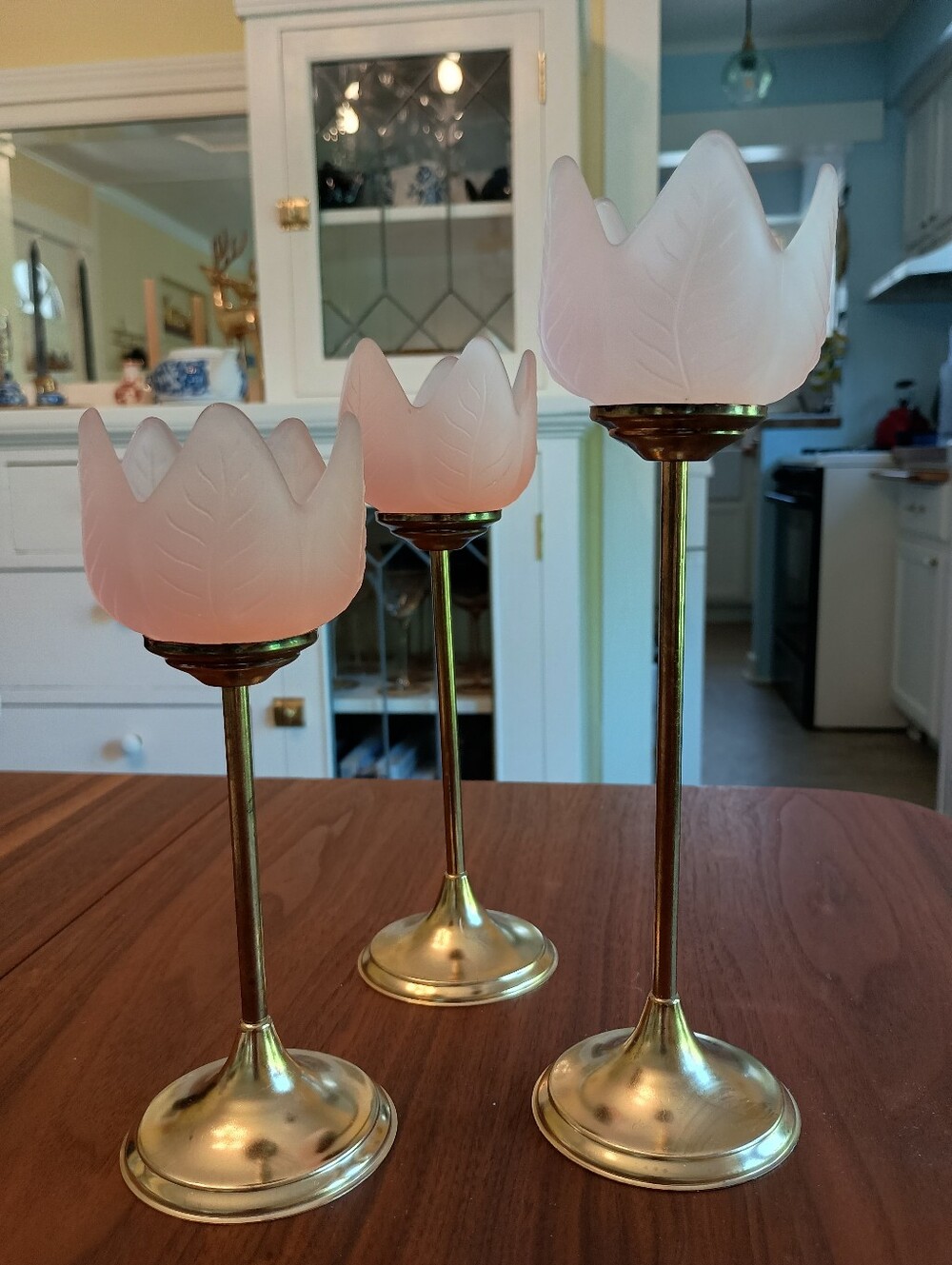 RARE Set of 3 MCM frosted pink glass and brass tulip candleholders